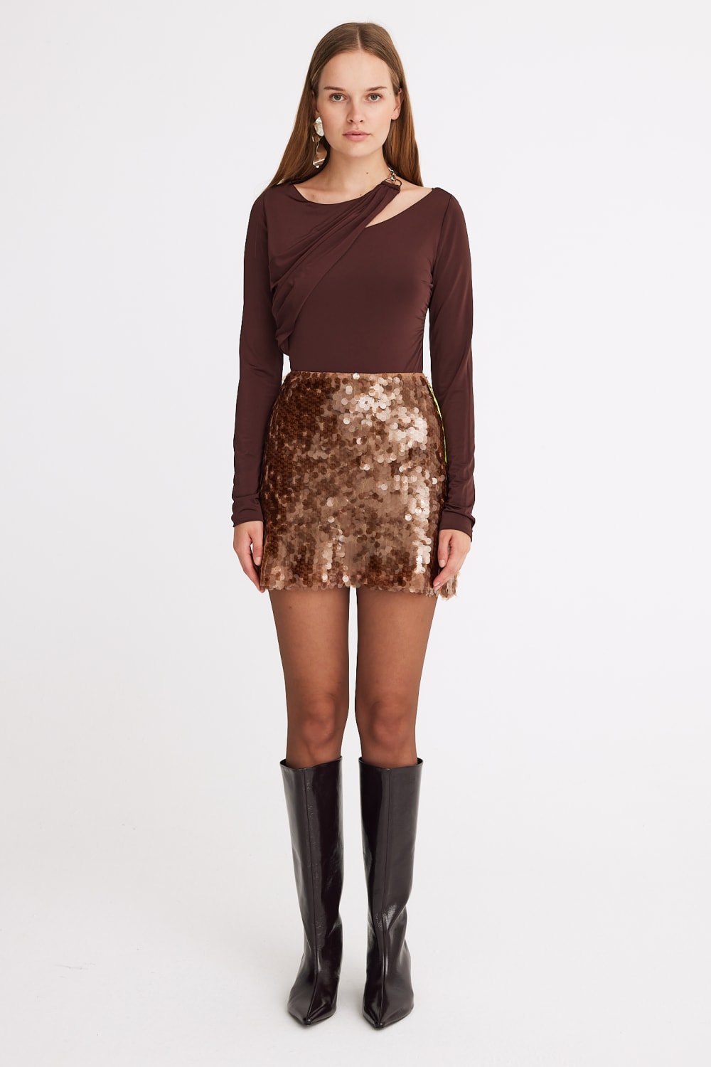 Mirimalist-Sepia Sequin Mini Skirt-Etek-1-roqelvaxirum.shop