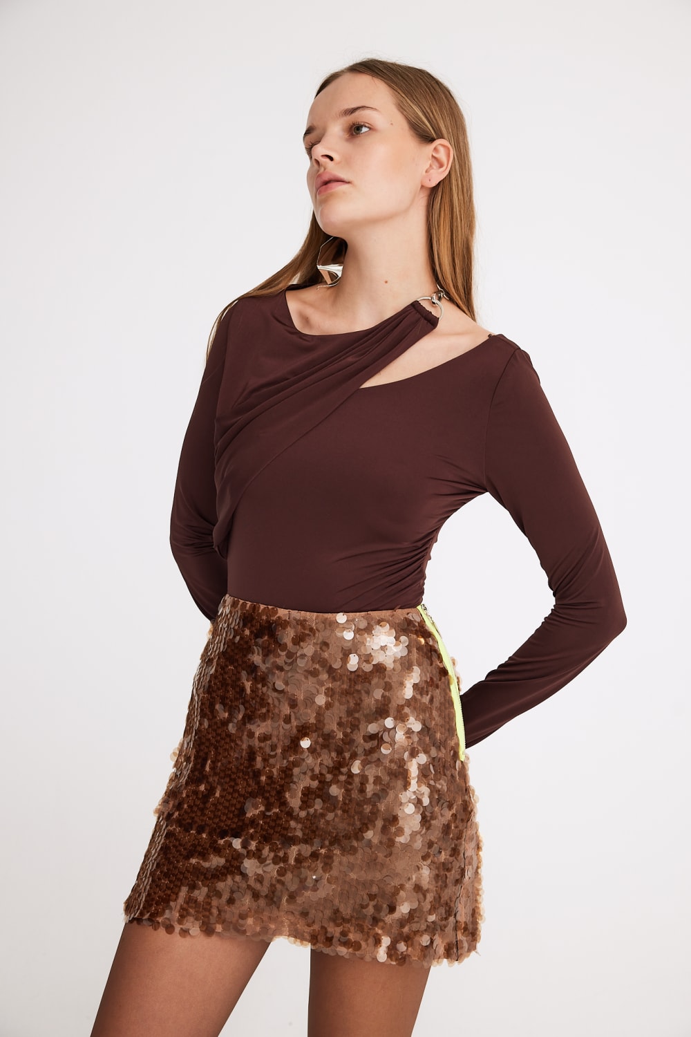 Mirimalist-Sepia Sequin Mini Skirt-Etek-2-roqelvaxirum.shop