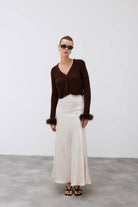 Mozto-Faye Brown Feathered Cardigan-Kazak & Triko-1-roqelvaxirum.shop
