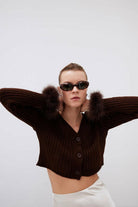 Mozto-Faye Brown Feathered Cardigan-Kazak & Triko-4-roqelvaxirum.shop
