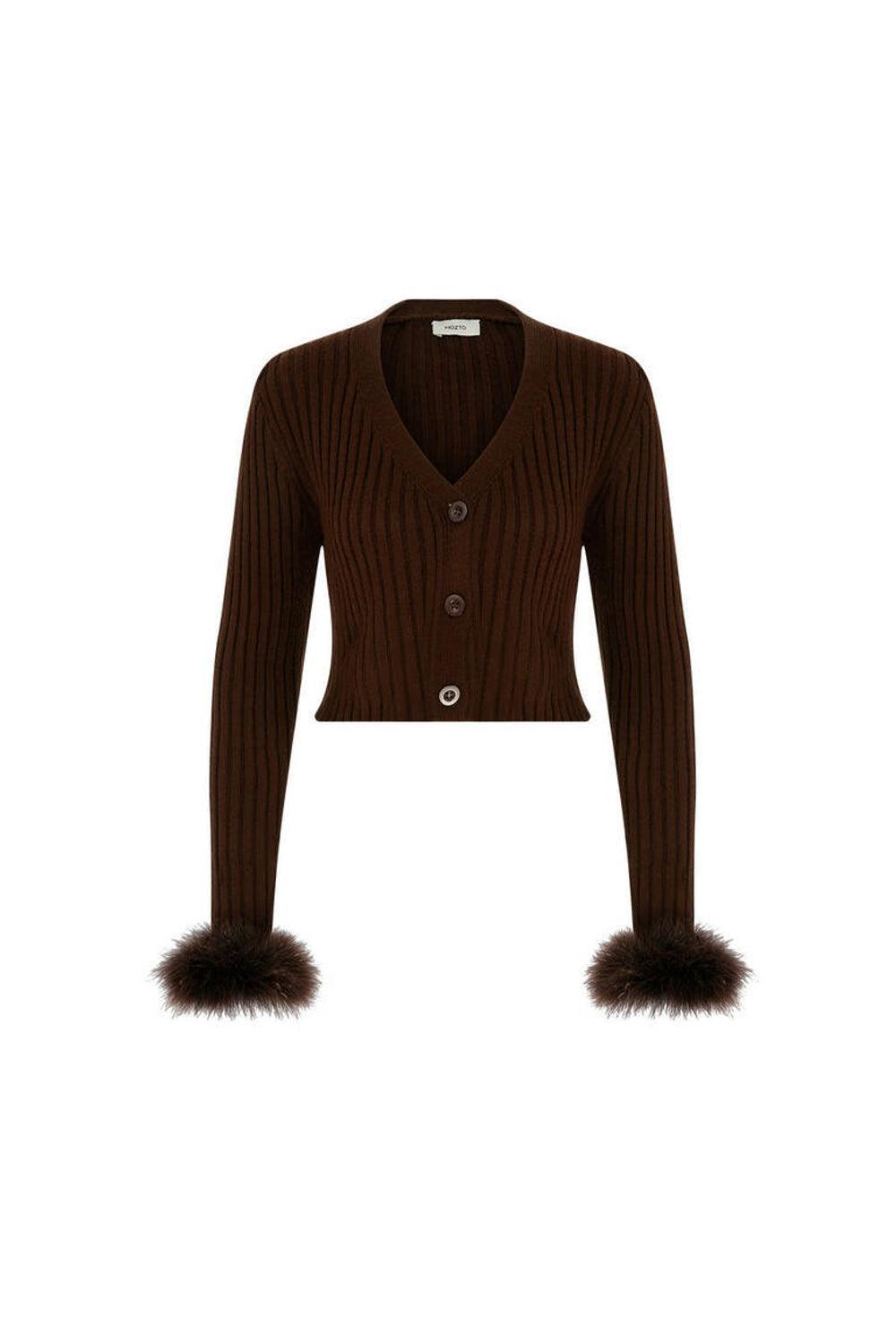 Mozto-Faye Brown Feathered Cardigan-Kazak & Triko-5-roqelvaxirum.shop