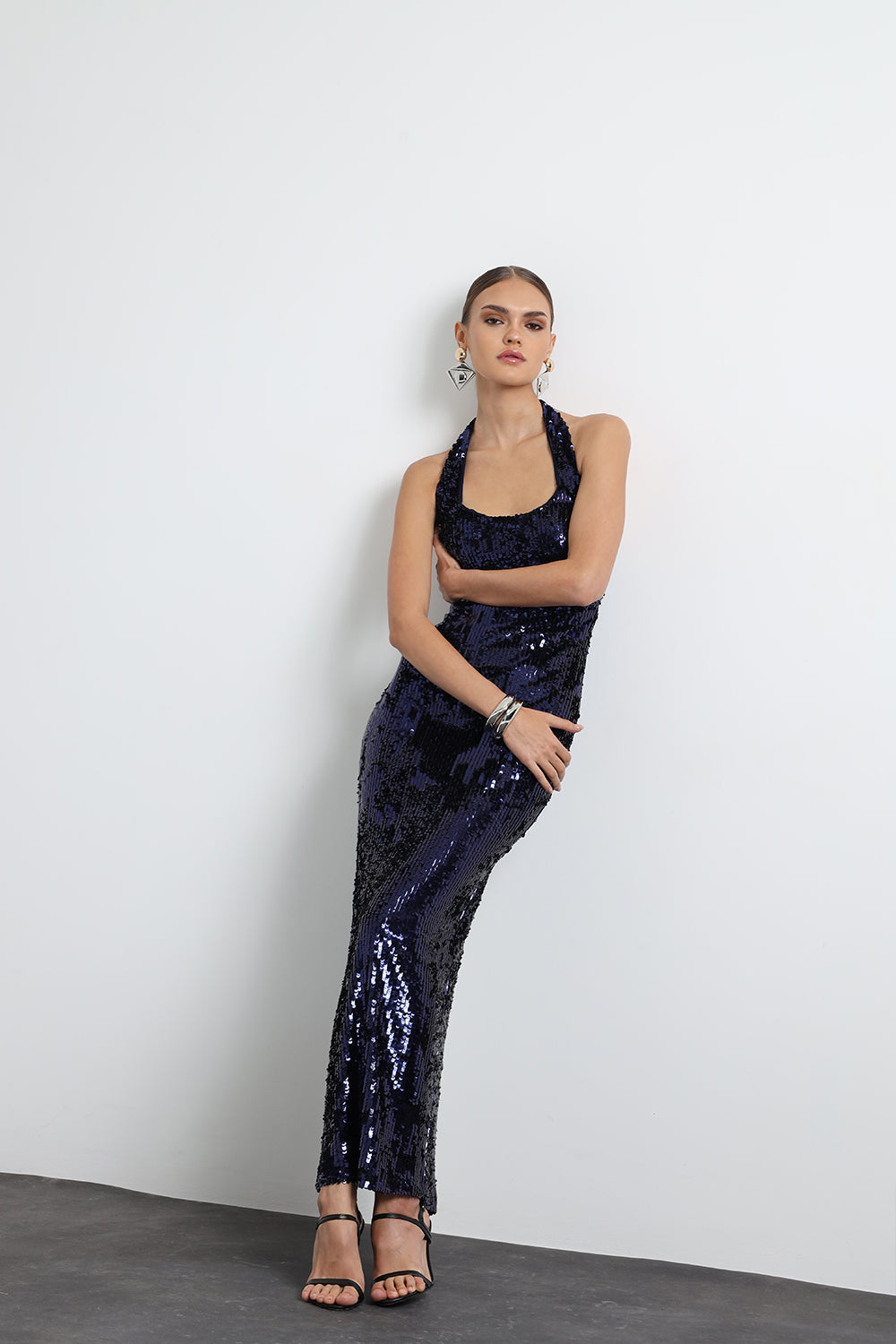 Valline Kalın Askılı Payet Lacivert Maxi Elbise - 5