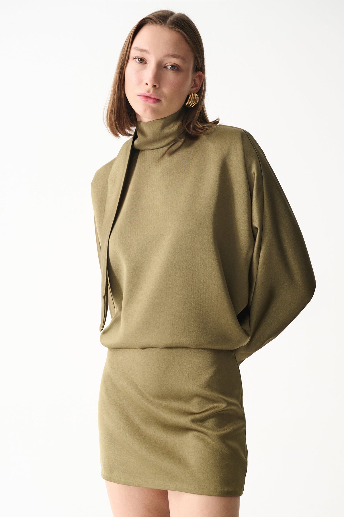Naia-Amore Saten Elbise / Zeytin Yeşili-Elbise-5-roqelvaxirum.shop