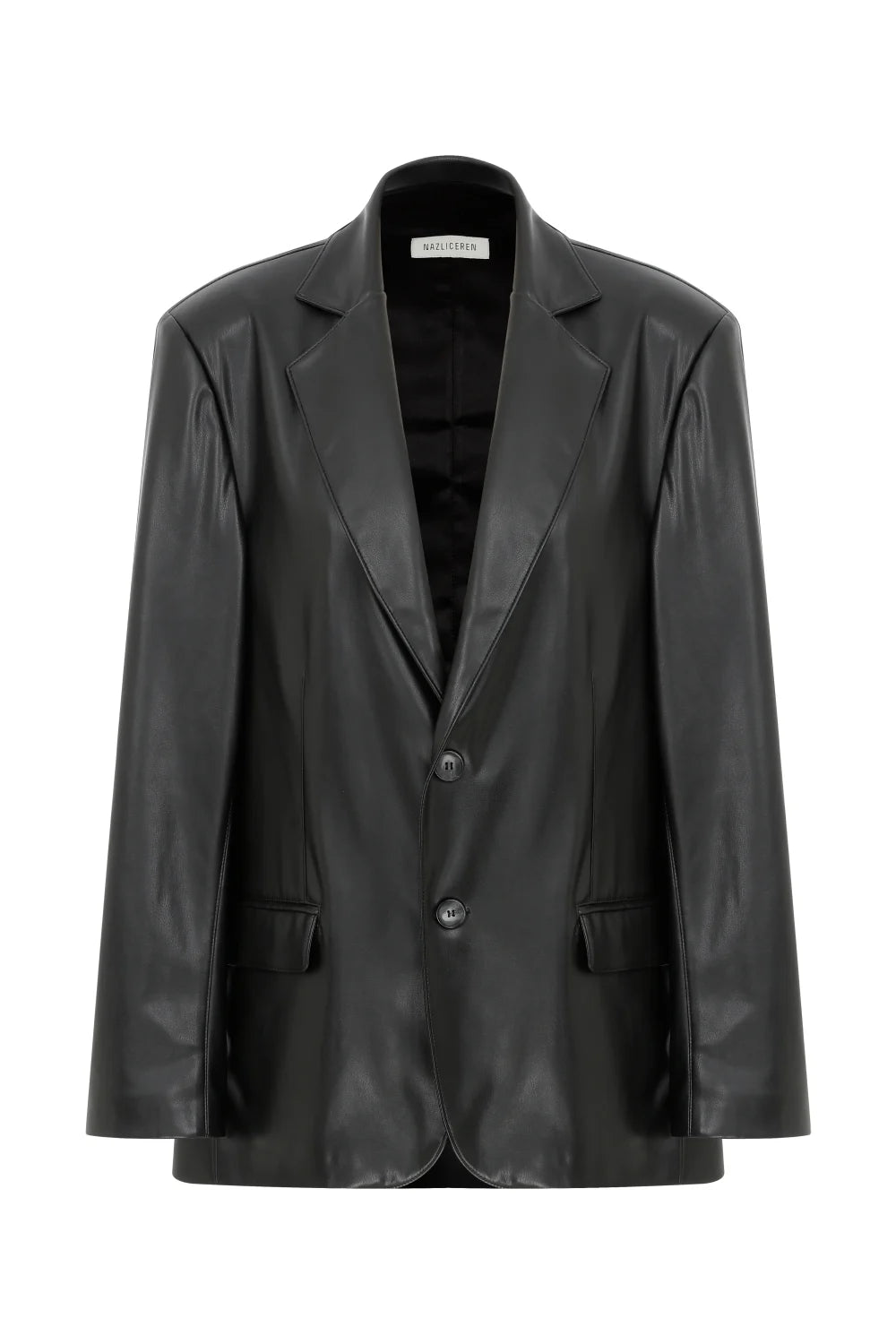 Nazlı Ceren-Boxy Vegan Deri Oversize Blazer Noire-Deri Mont-2-roqelvaxirum.shop