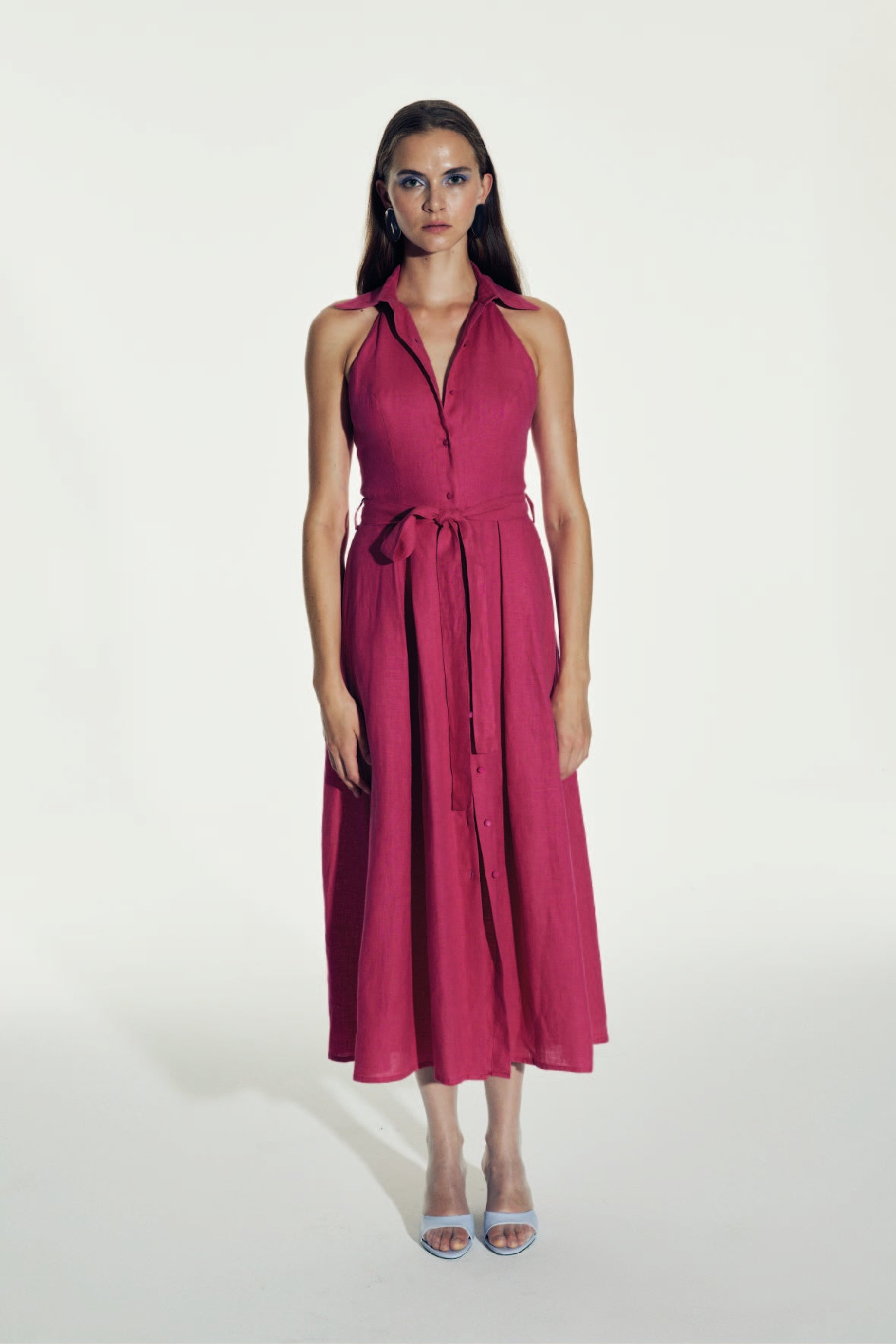 Nazlı Ceren-Carrie Midi Keten Elbise Berry Pink-Elbise-5-roqelvaxirum.shop