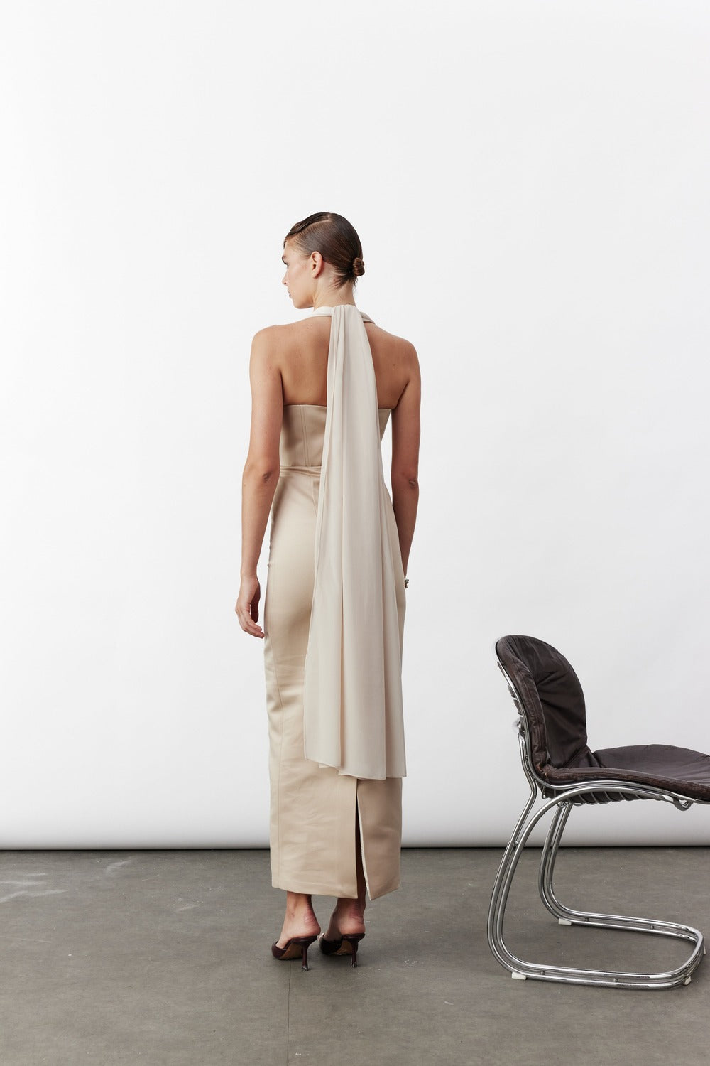 Nazlı Ceren-Clarine Midi Elbise Bej-Elbise-4-roqelvaxirum.shop