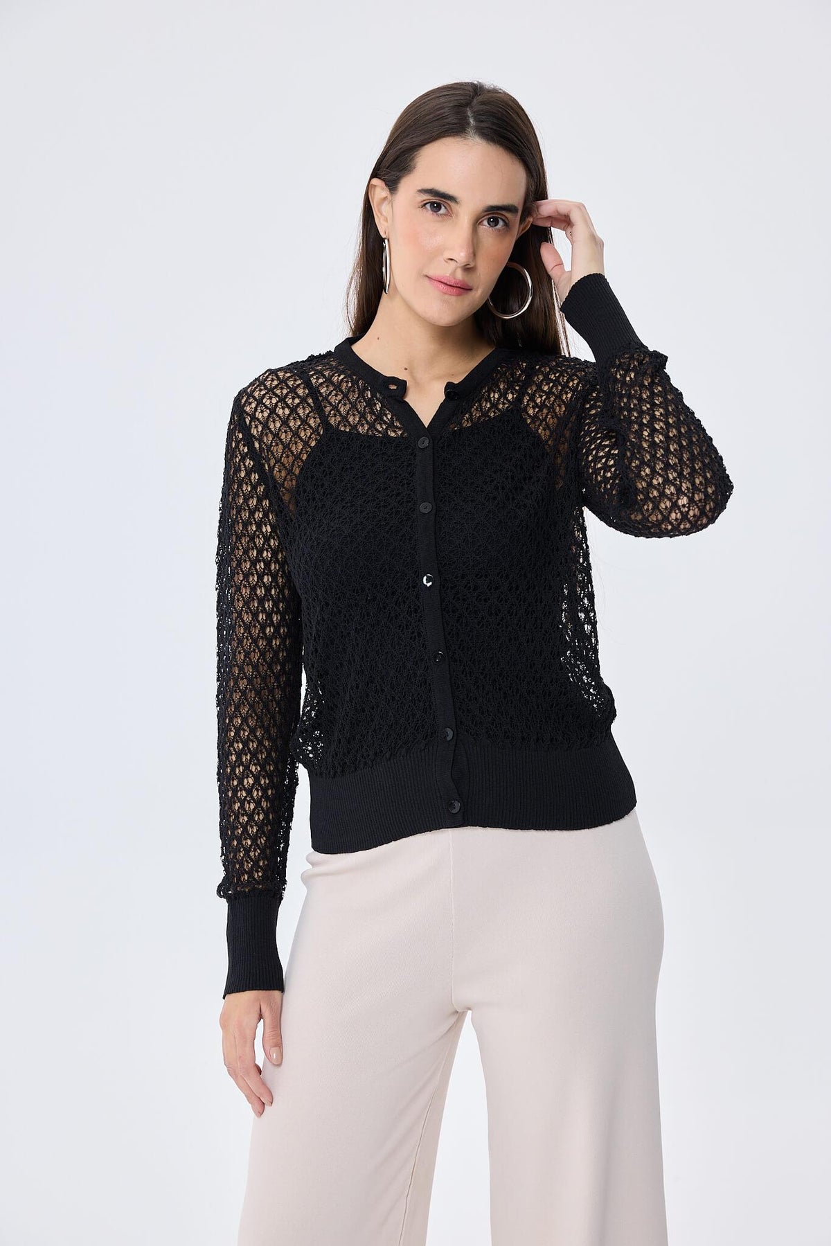 Peraluna-Addison Ajur Örgülü Kadın Triko Hırka Si̇yah-Kazak & Triko-2-roqelvaxirum.shop