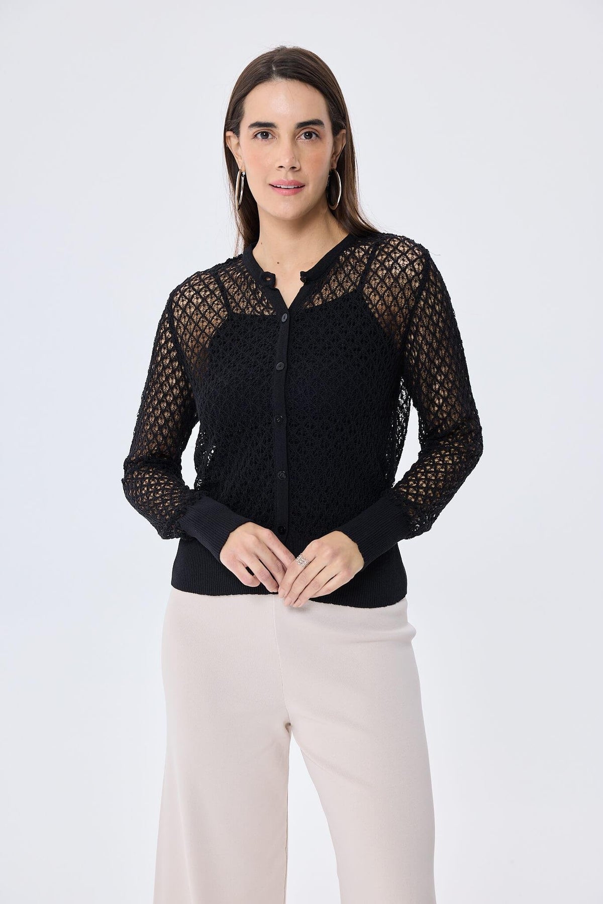 Peraluna-Addison Ajur Örgülü Kadın Triko Hırka Si̇yah-Kazak & Triko-5-roqelvaxirum.shop