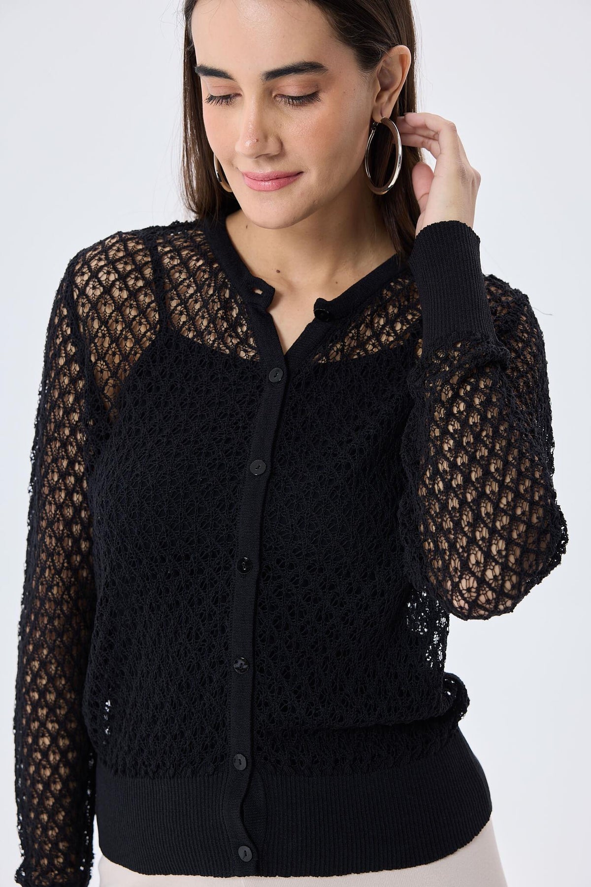 Peraluna-Addison Ajur Örgülü Kadın Triko Hırka Si̇yah-Kazak & Triko-6-roqelvaxirum.shop