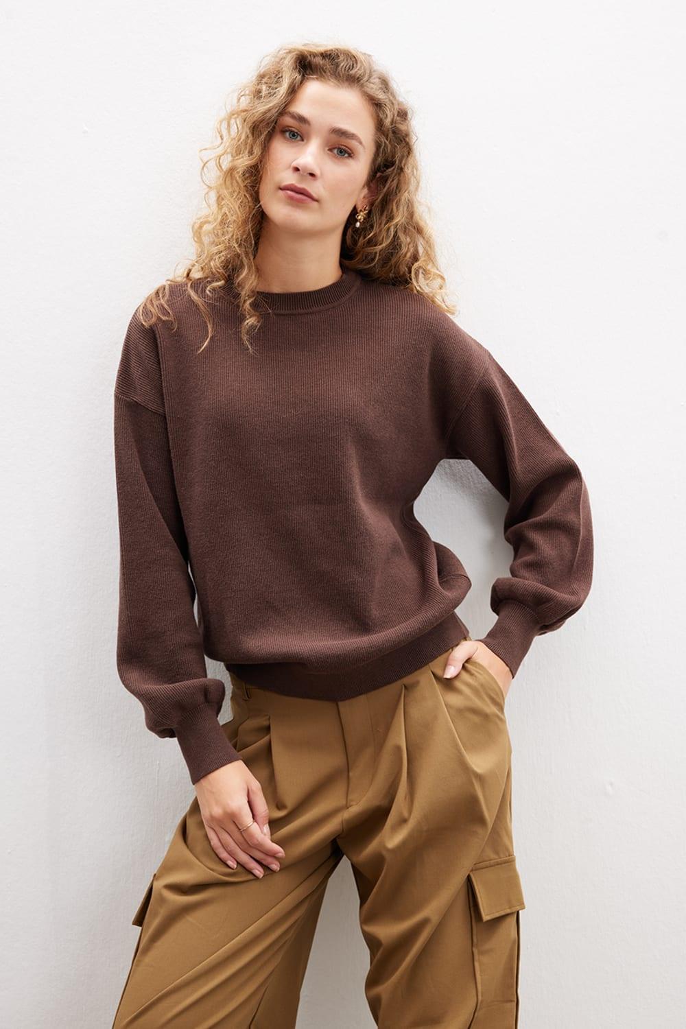 Peraluna-Annette Pullover Bisiklet Yaka Büzgü Kol Kadın Triko Kazak-Kazak & Triko-2-roqelvaxirum.shop