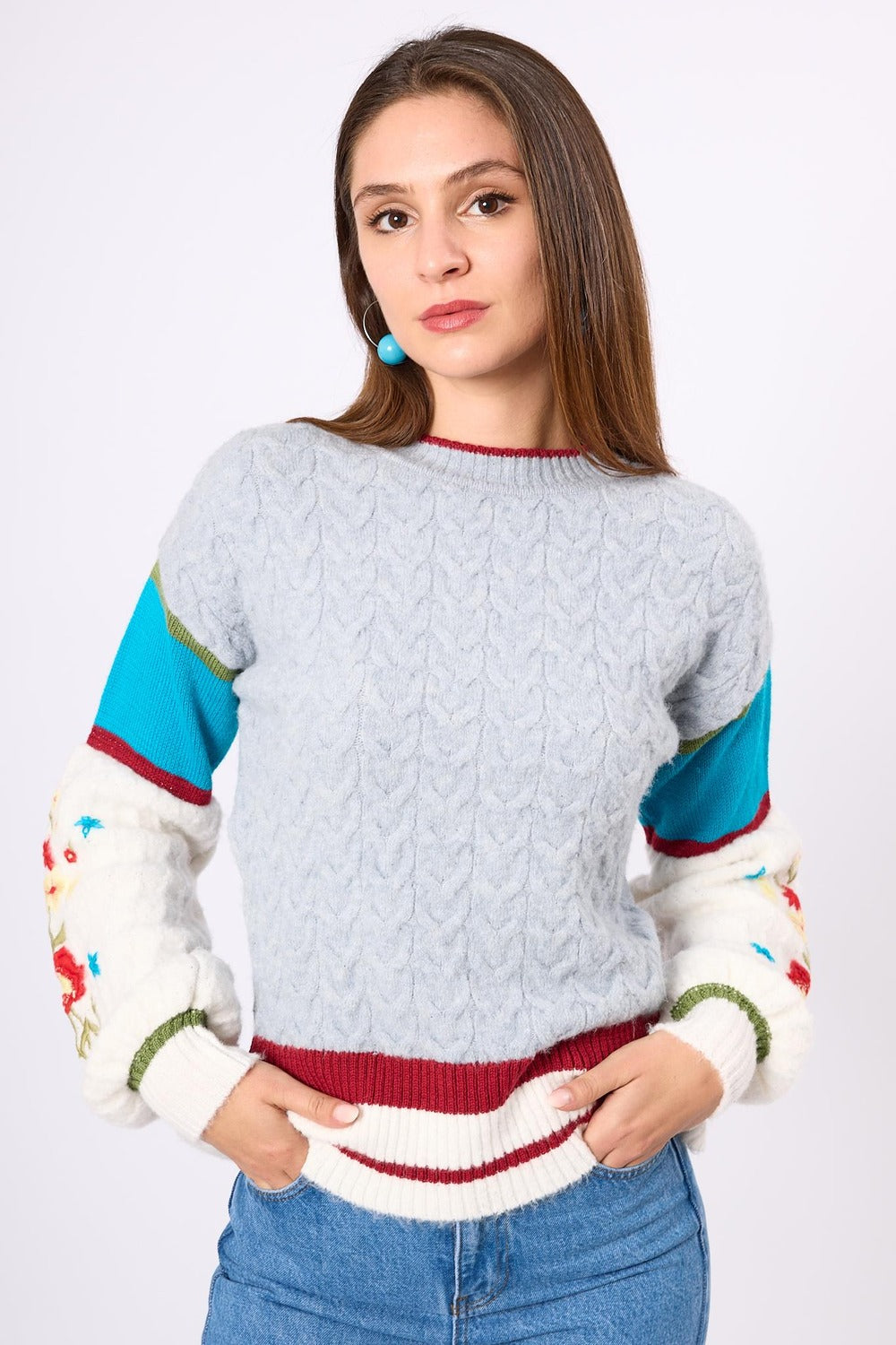 Peraluna-Aurora Rahat Kesim Kadın Triko Kazak Gri/Mavi/Multi-Kazak & Triko-5-roqelvaxirum.shop