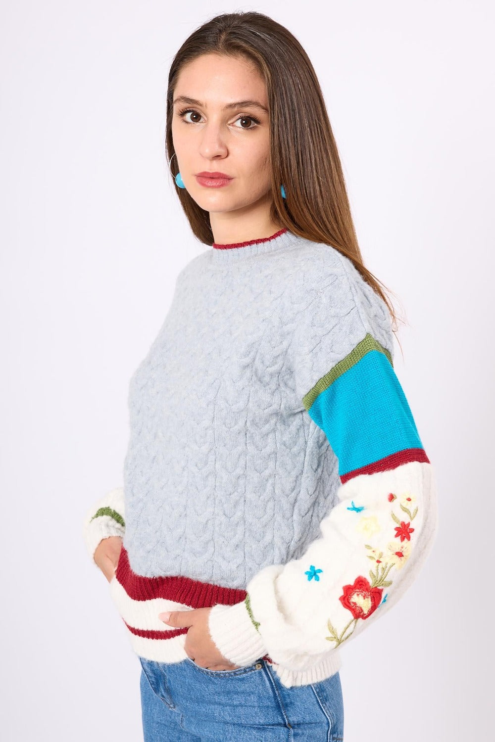Peraluna-Aurora Rahat Kesim Kadın Triko Kazak Gri/Mavi/Multi-Kazak & Triko-6-roqelvaxirum.shop
