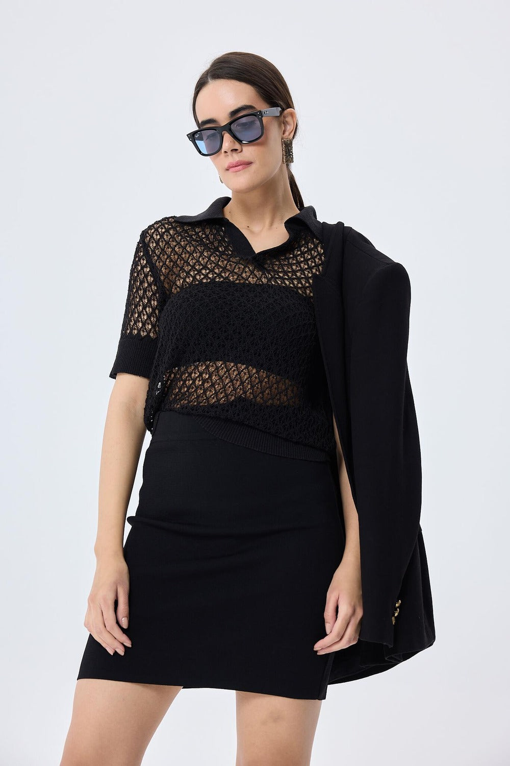 Peraluna-Ava Ajurlu Polo Yaka Kadın Triko Bluz Si̇yah-Bluz-4-roqelvaxirum.shop