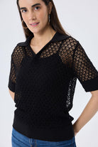 Peraluna-Ava Ajurlu Polo Yaka Kadın Triko Bluz Si̇yah-Bluz-6-roqelvaxirum.shop