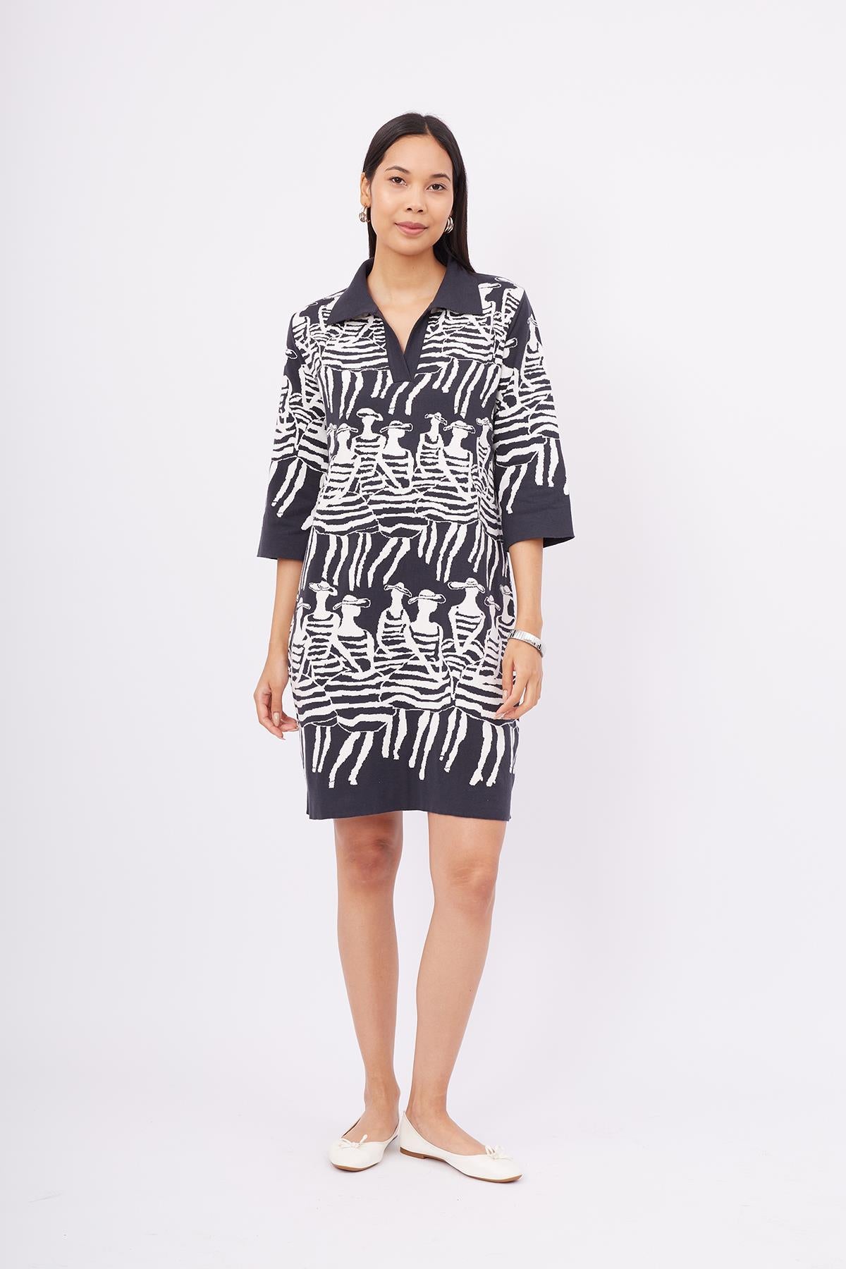 Peraluna-Beach Girls Dress Kadınlar Desenli A Form 3/4 Kol Boy İnce Kadın Triko Elbise Antrasit/Beyaz-Elbise-1-roqelvaxirum.shop