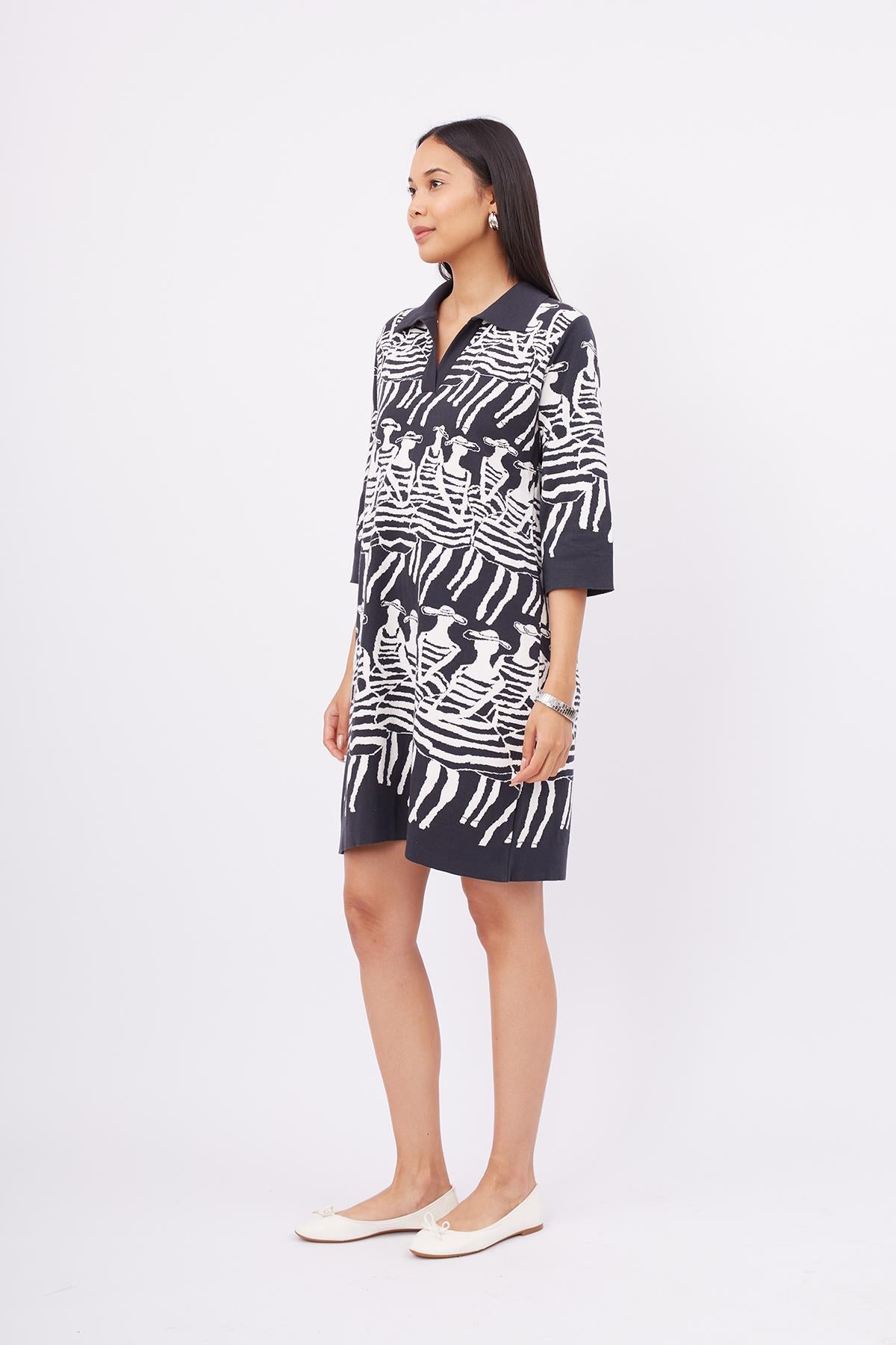 Peraluna-Beach Girls Dress Kadınlar Desenli A Form 3/4 Kol Boy İnce Kadın Triko Elbise Antrasit/Beyaz-Elbise-7-roqelvaxirum.shop