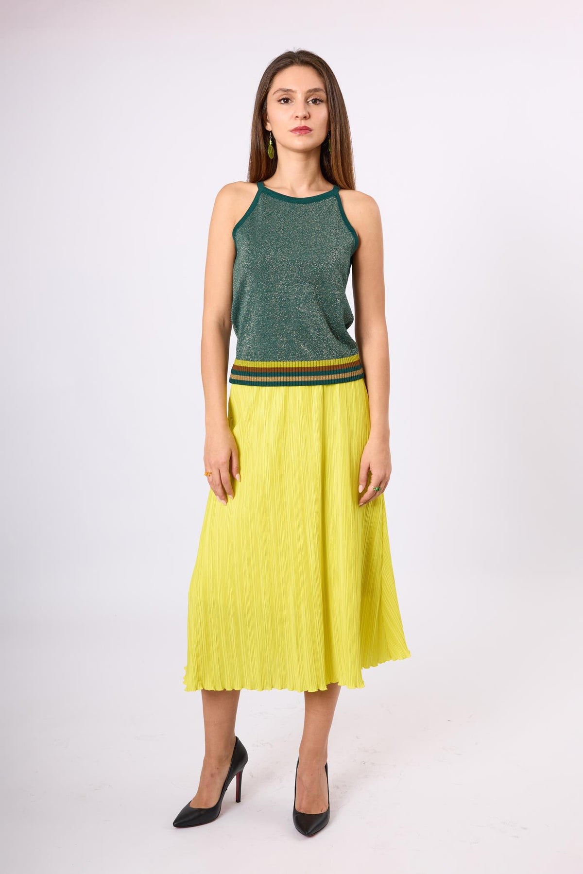 Peraluna-Delight Halter Yaka Çizgili Simli Kadın Triko Bluz Zümrüt Multi-Bluz-1-roqelvaxirum.shop