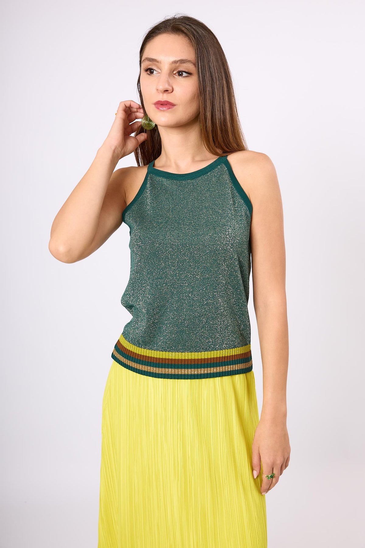 Peraluna-Delight Halter Yaka Çizgili Simli Kadın Triko Bluz Zümrüt Multi-Bluz-2-roqelvaxirum.shop