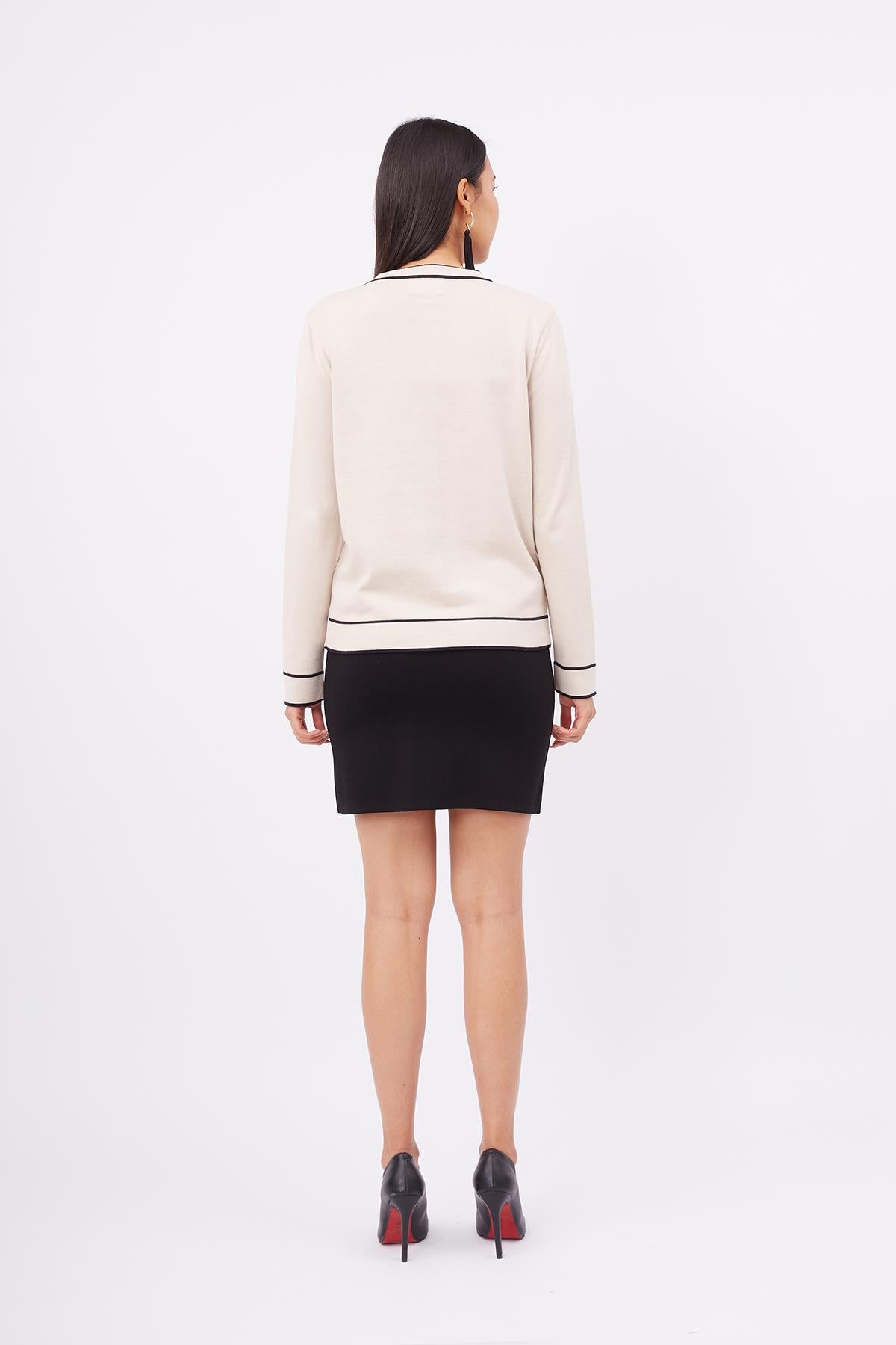 Peraluna-Helen Cardigan Çizgi Detaylı O Yaka Rahat Kesim İnce Kadın Triko Hırka Bej-Kazak & Triko-7-roqelvaxirum.shop
