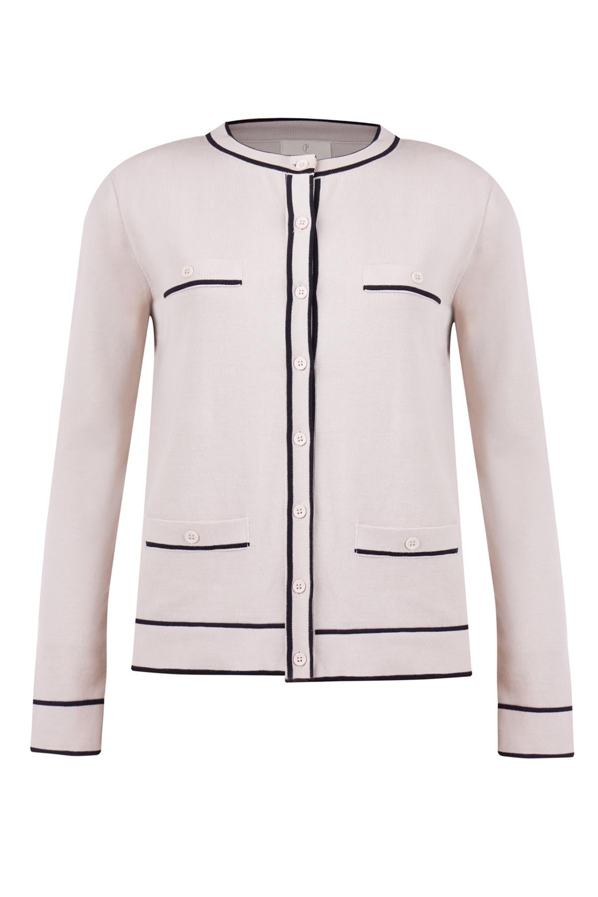 Peraluna-Helen Cardigan Çizgi Detaylı O Yaka Rahat Kesim İnce Kadın Triko Hırka Bej-Kazak & Triko-8-roqelvaxirum.shop