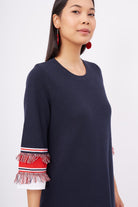 Peraluna-Hilda Dress Püskül Detaylı A Form 3/4 Kol Rahat Kadın Triko Elbise Lacivert-Elbise-3-roqelvaxirum.shop