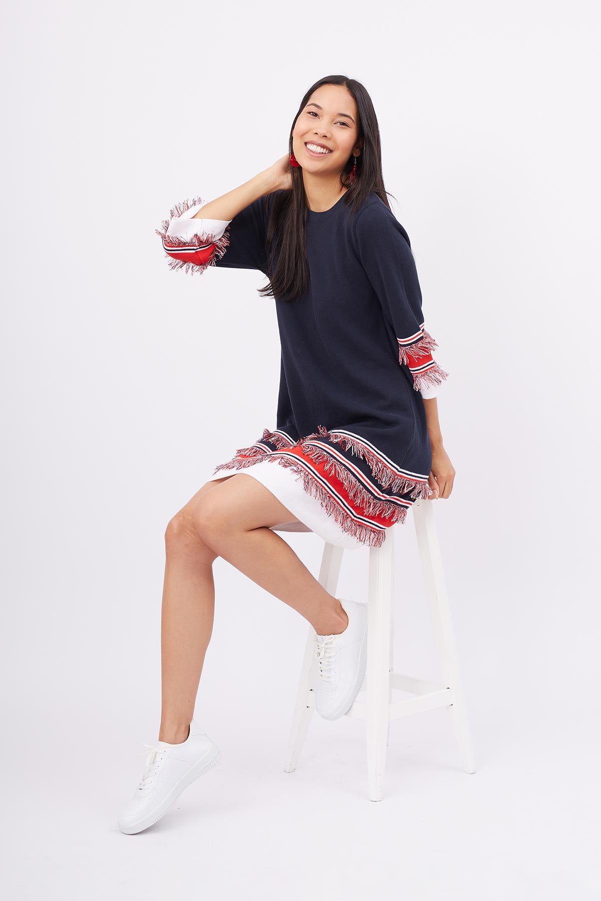 Peraluna-Hilda Dress Püskül Detaylı A Form 3/4 Kol Rahat Kadın Triko Elbise Lacivert-Elbise-7-roqelvaxirum.shop