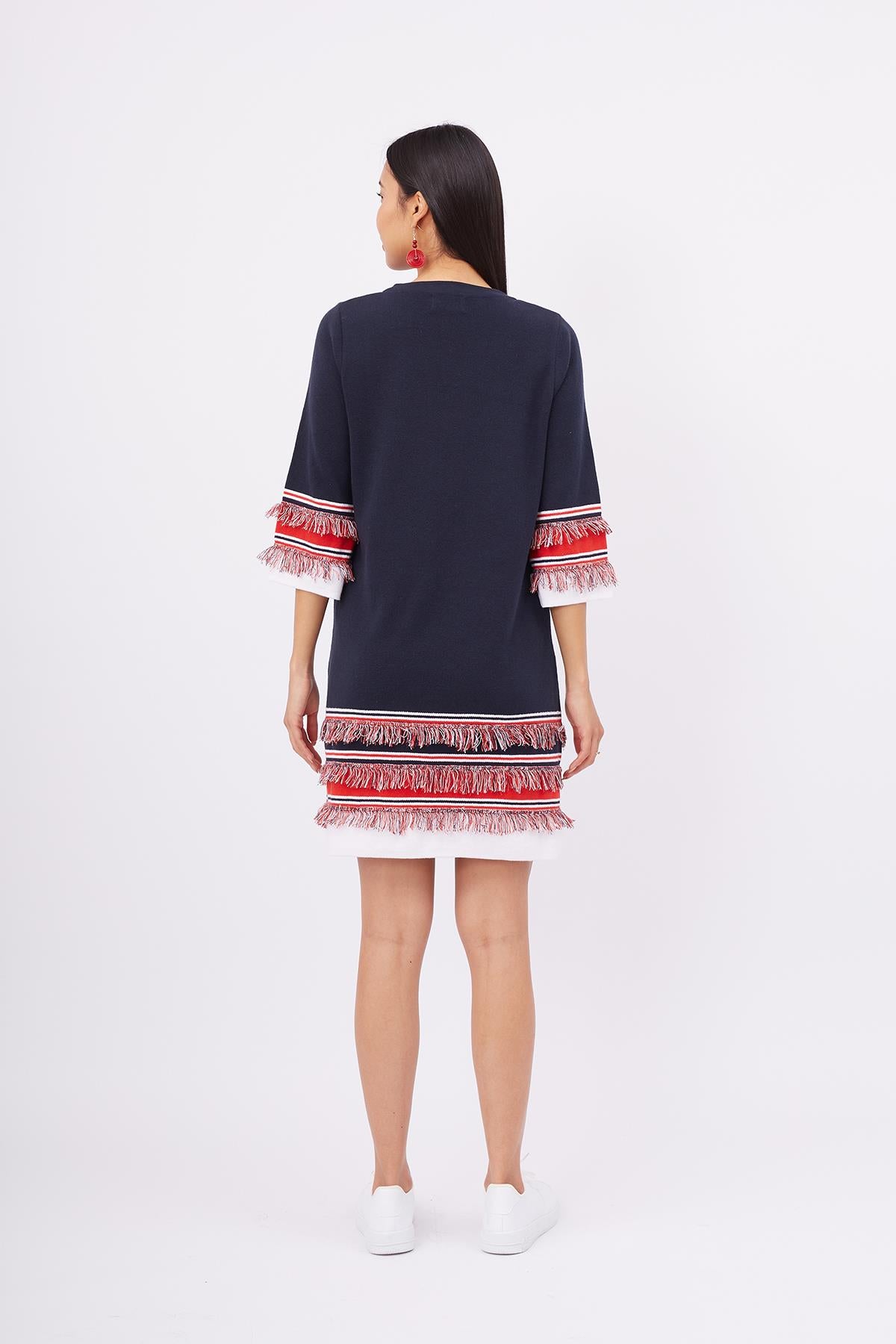 Peraluna-Hilda Dress Püskül Detaylı A Form 3/4 Kol Rahat Kadın Triko Elbise Lacivert-Elbise-8-roqelvaxirum.shop