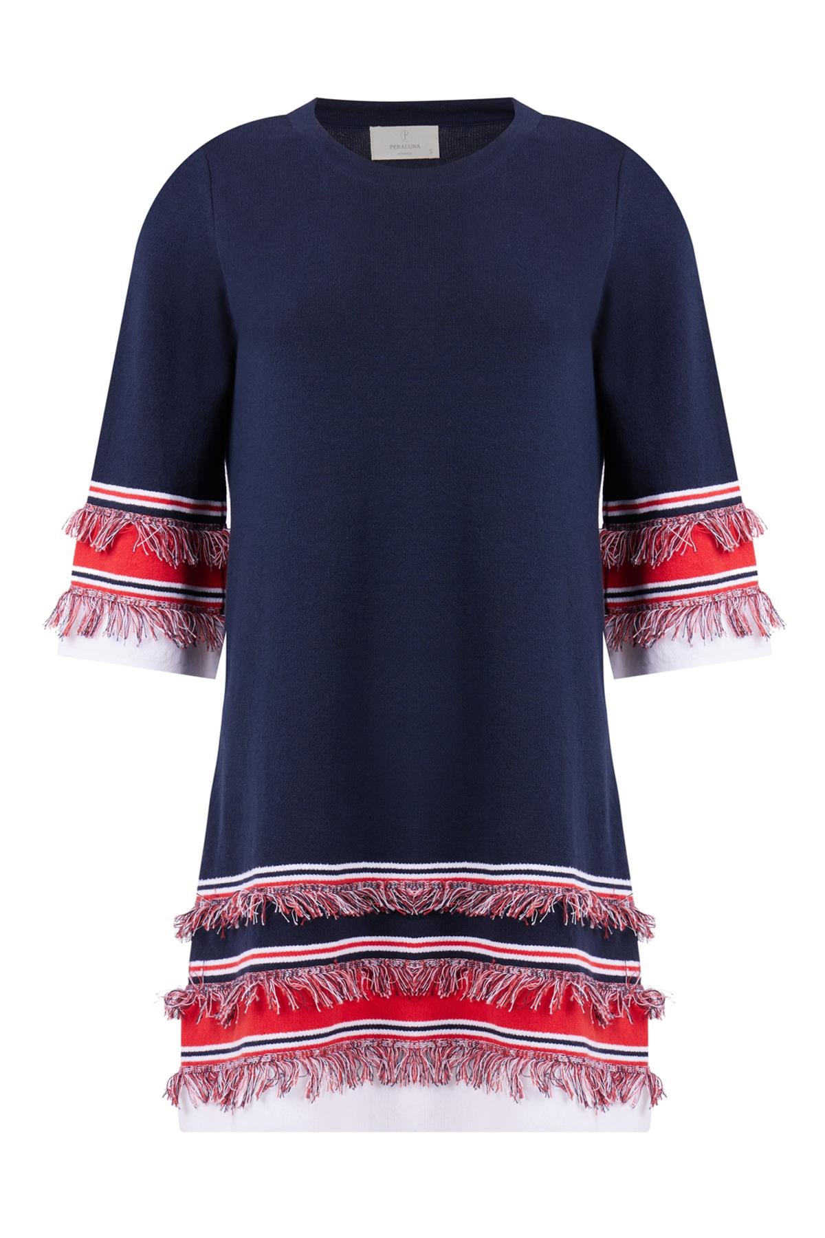 Peraluna-Hilda Dress Püskül Detaylı A Form 3/4 Kol Rahat Kadın Triko Elbise Lacivert-Elbise-9-roqelvaxirum.shop