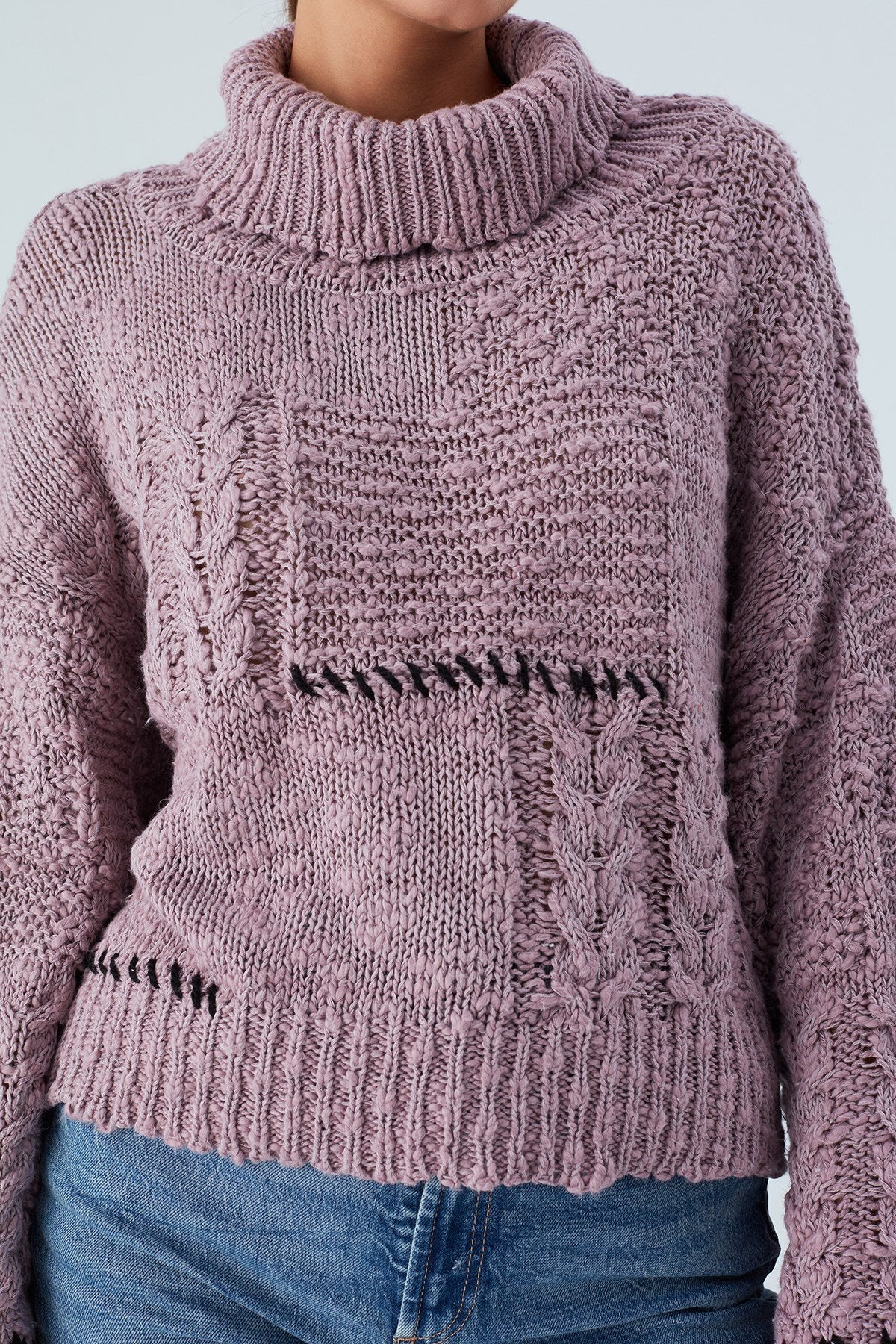Peraluna-Ilda Pullover %100 Pamuk Saç örgülü Bol Kesim Kadın Triko Kazak Gül Kurusu-Kazak-5-roqelvaxirum.shop