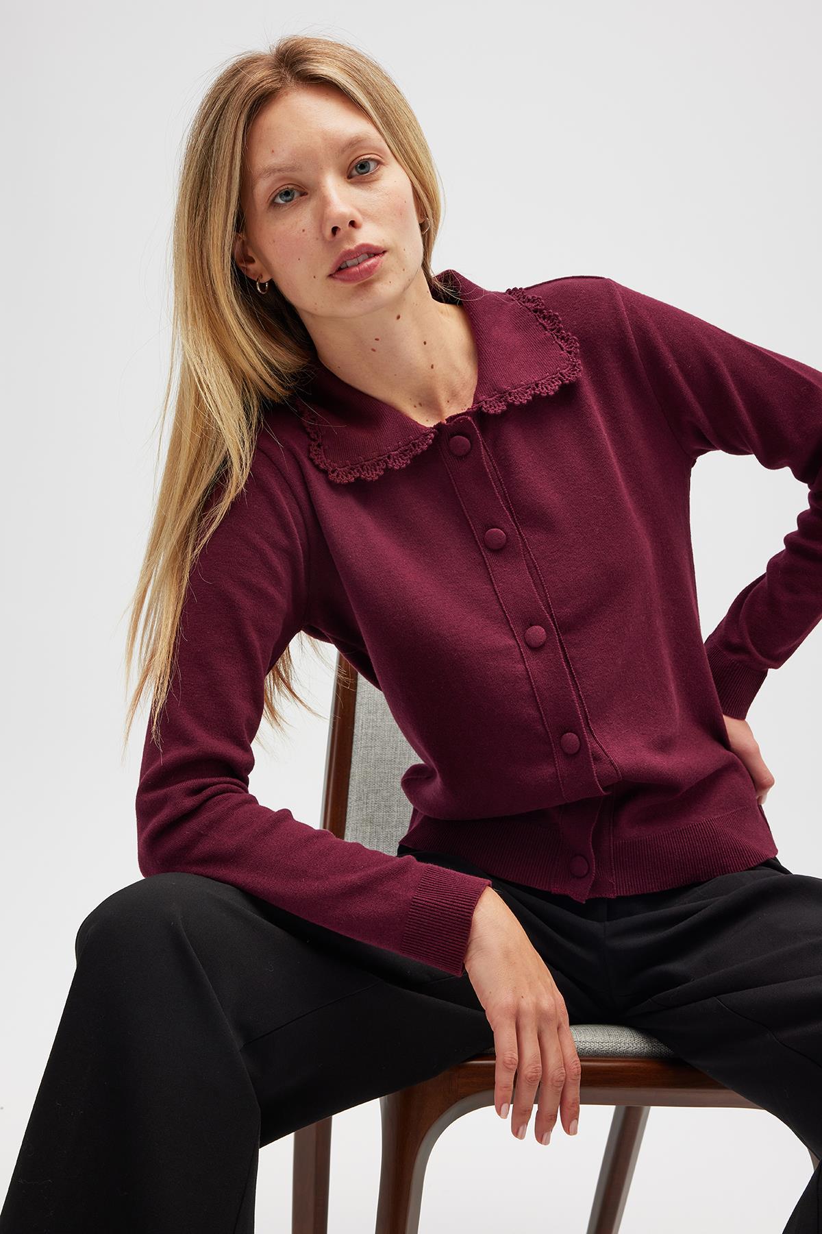 Peraluna-Laila, Düz örgü, Polo Yaka, Kadın Triko Hırka Bordo-Hırka-1-roqelvaxirum.shop