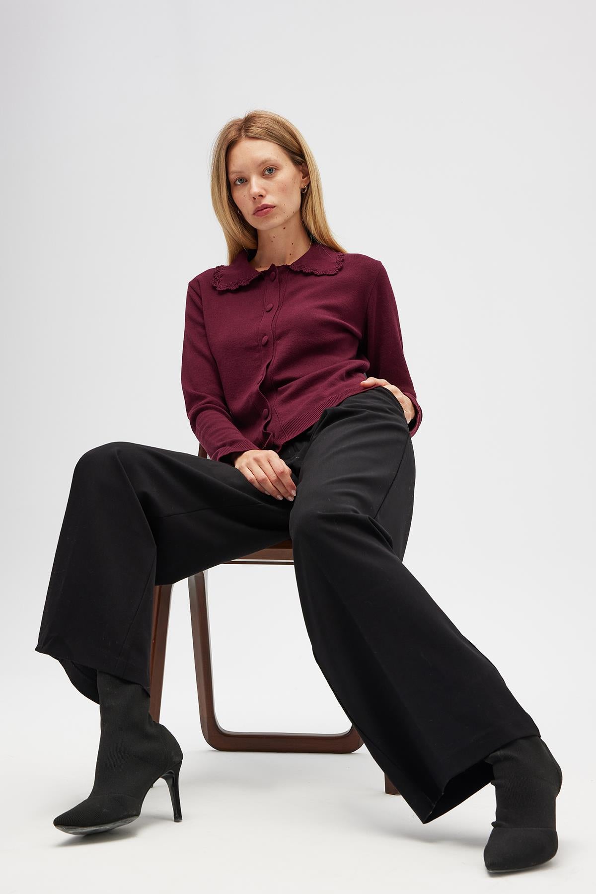Peraluna-Laila, Düz örgü, Polo Yaka, Kadın Triko Hırka Bordo-Hırka-5-roqelvaxirum.shop