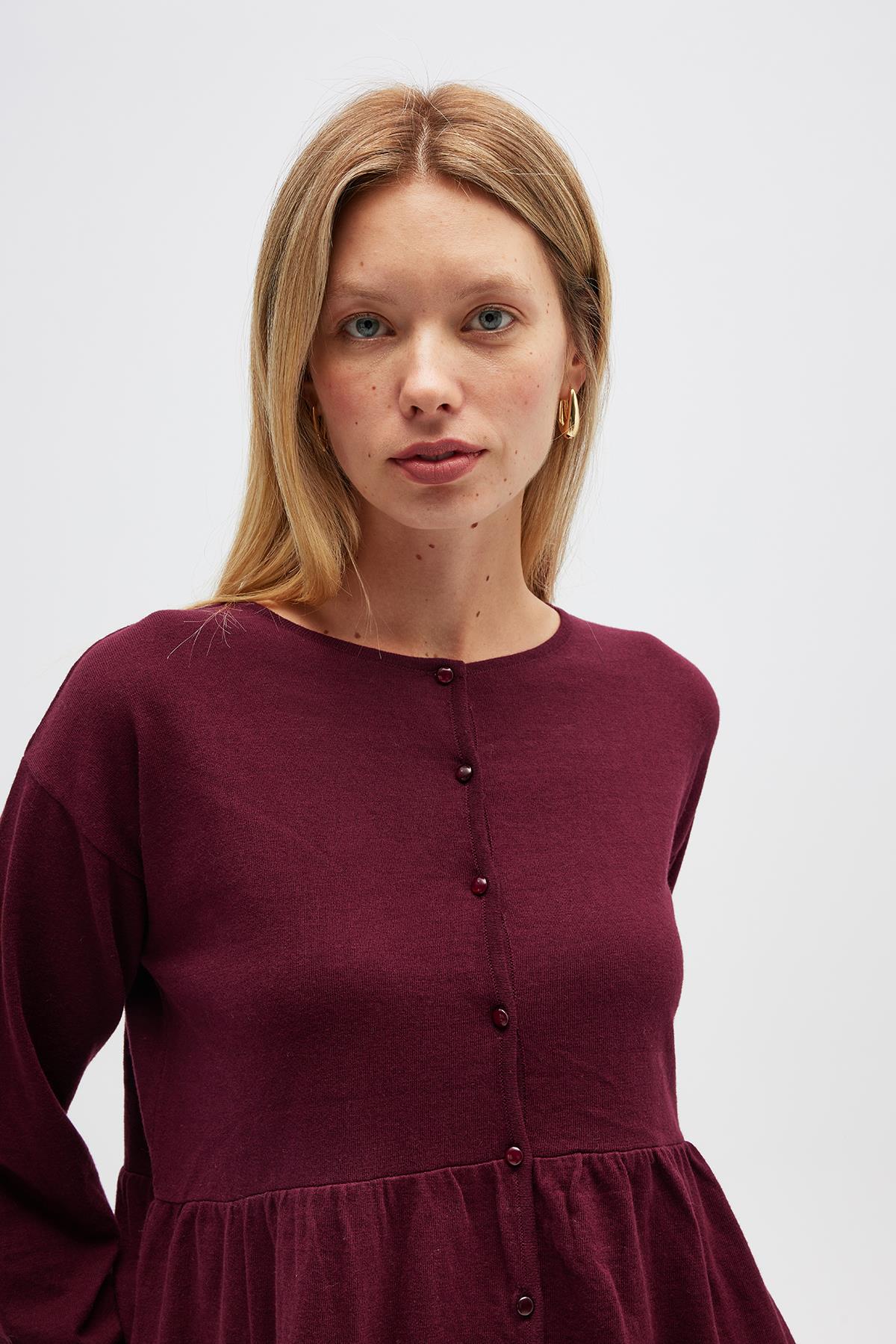 Peraluna-Leah Büzgülü Düğmeli Mini Triko Gömlek Elbise Bordo-Elbise-4-roqelvaxirum.shop