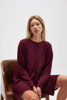 Peraluna-Leah Büzgülü Düğmeli Mini Triko Gömlek Elbise Bordo-Elbise-5-roqelvaxirum.shop