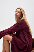 Peraluna-Leah Büzgülü Düğmeli Mini Triko Gömlek Elbise Bordo-Elbise-7-roqelvaxirum.shop