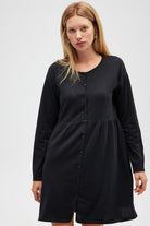 Peraluna-Leah Büzgülü Düğmeli Mini Triko Gömlek Elbise Siyah-Elbise-2-roqelvaxirum.shop