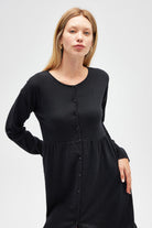 Peraluna-Leah Büzgülü Düğmeli Mini Triko Gömlek Elbise Siyah-Elbise-3-roqelvaxirum.shop