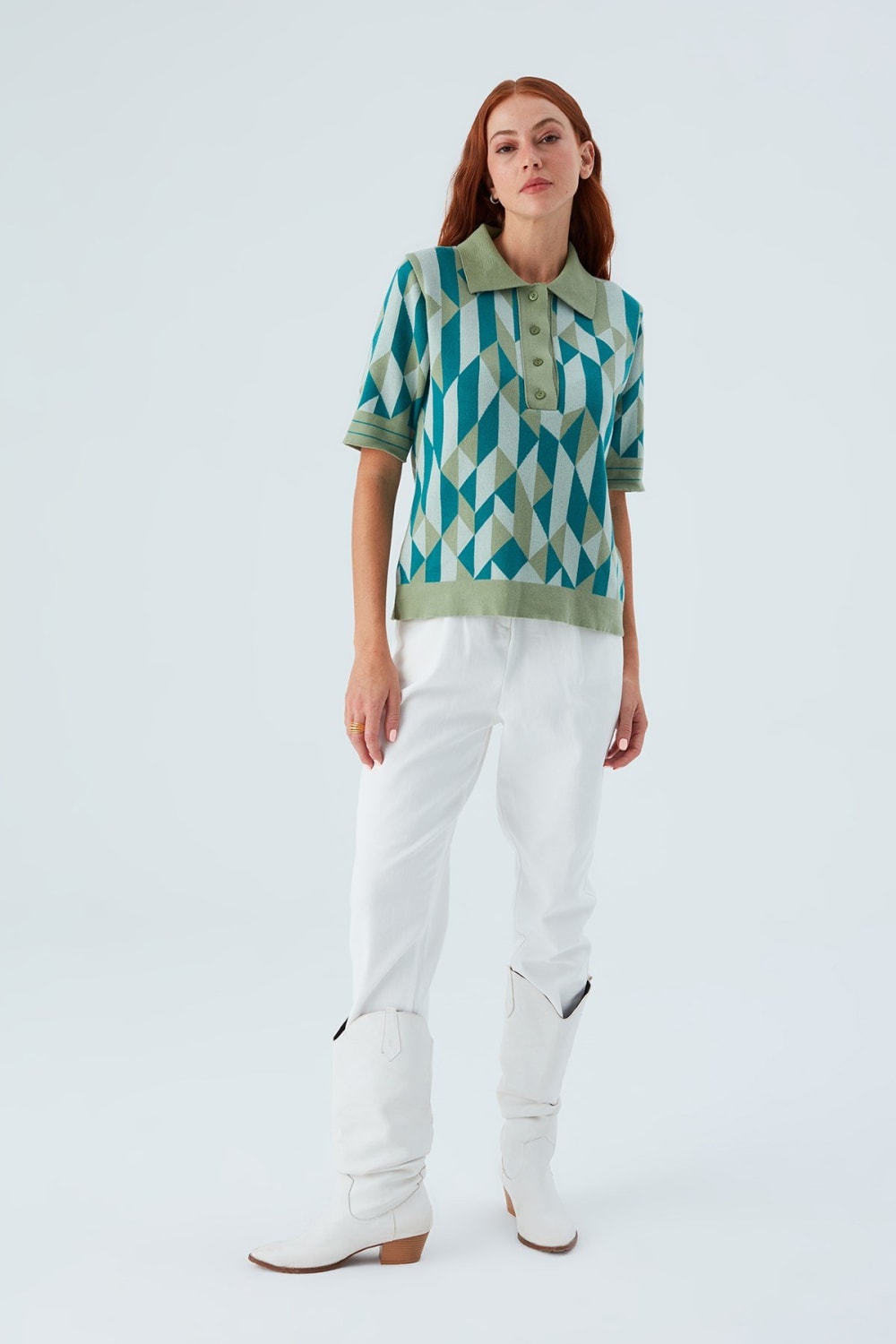 Peraluna-Lena Blouse %100 Pamuk Geometrik Retro Desenli Kadın Triko Bluz -T-Shirts-2-roqelvaxirum.shop