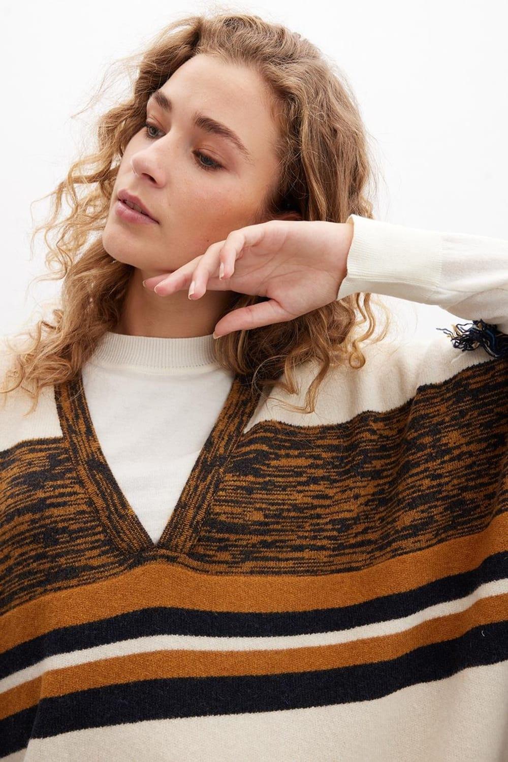 Peraluna-Melody Poncho çizgili Yün Karışım Diz Boy Püsküllü Kadın Triko Panço-Panço-3-roqelvaxirum.shop
