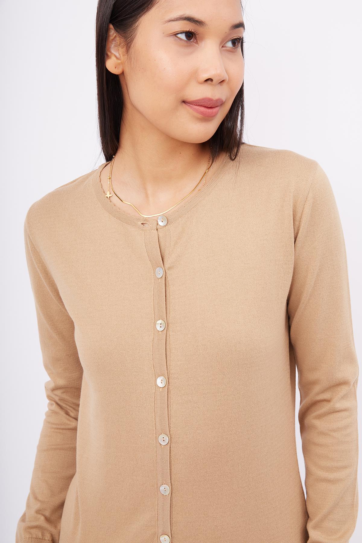 Peraluna-Mila Cardigan Bisiklet Yaka Basic Pamuklu Kadın Triko Hırka Camel-Kazak & Triko-3-roqelvaxirum.shop