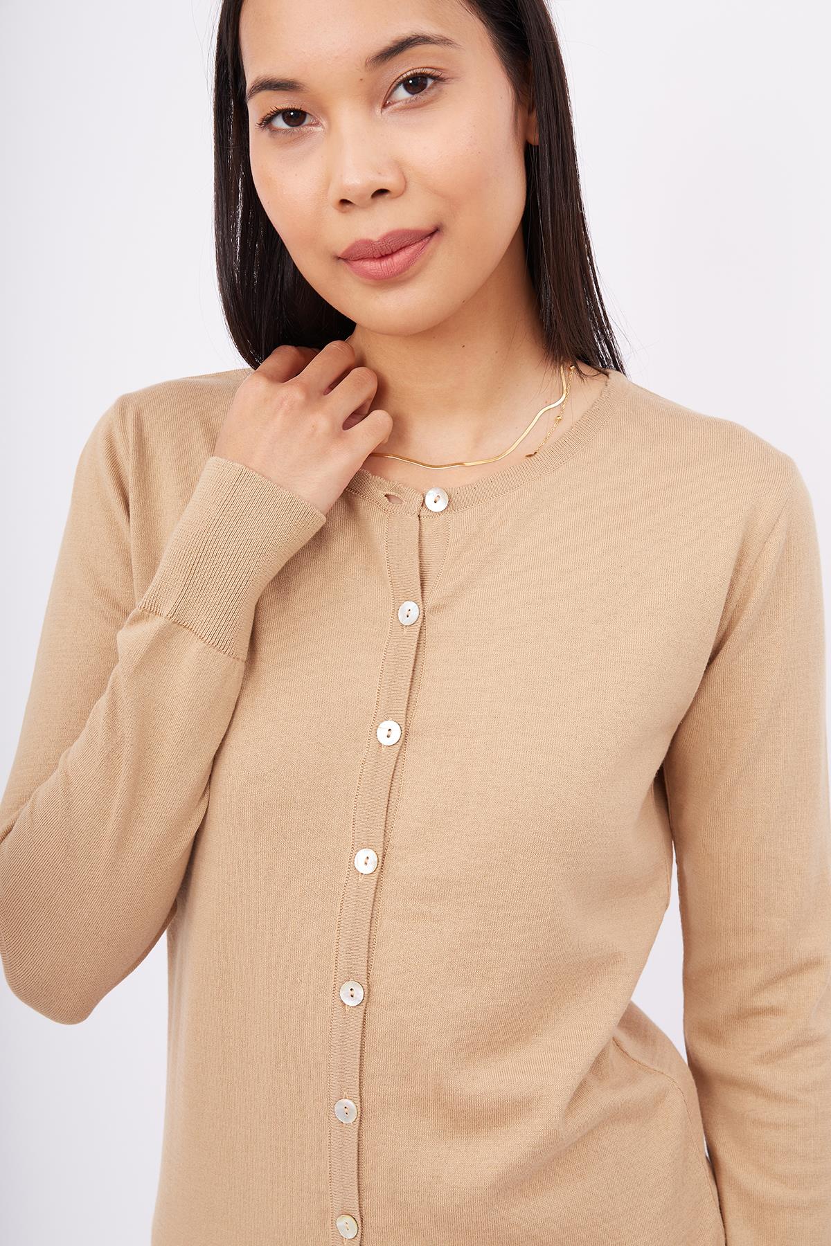 Peraluna-Mila Cardigan Bisiklet Yaka Basic Pamuklu Kadın Triko Hırka Camel-Kazak & Triko-4-roqelvaxirum.shop