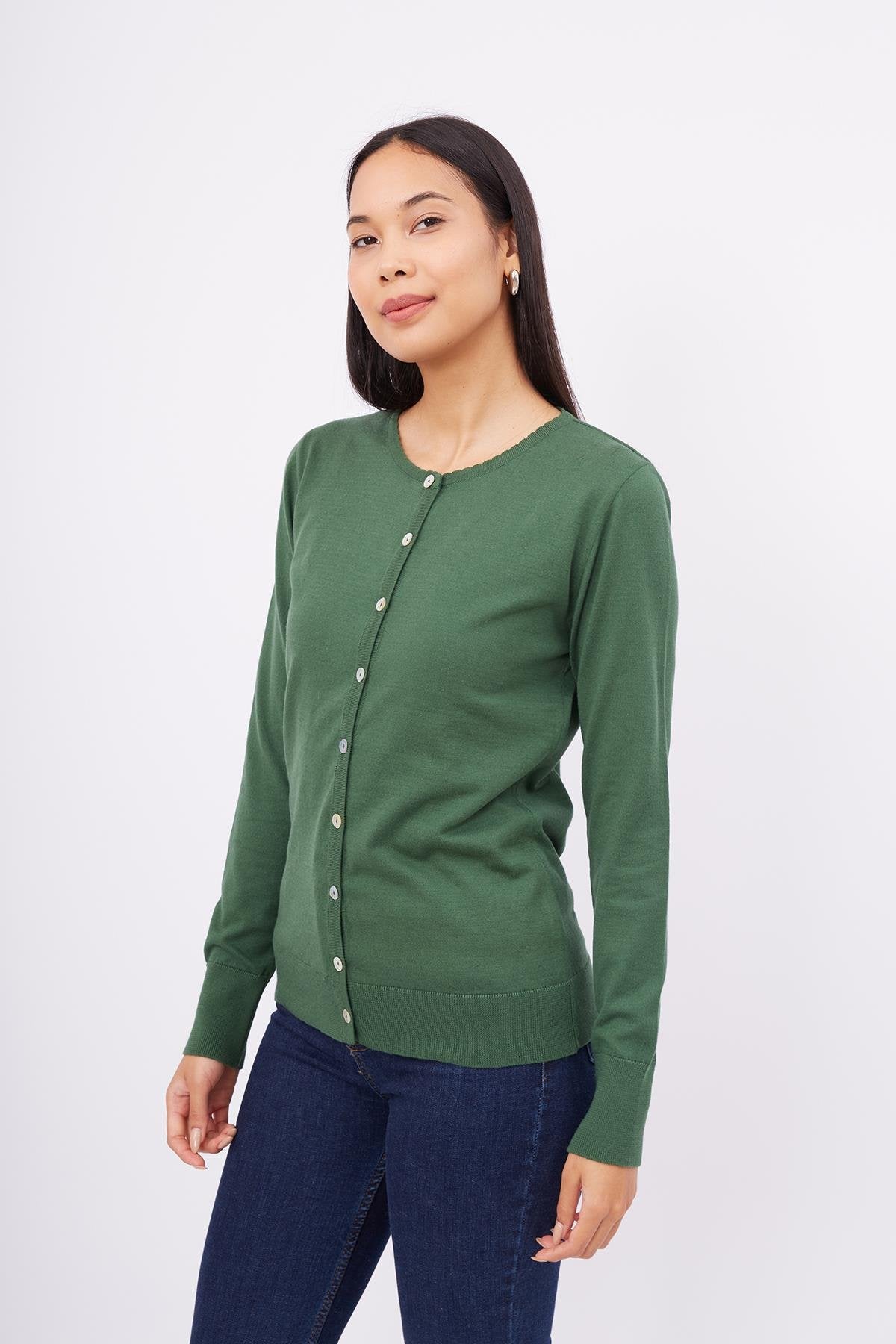 Peraluna-Mila Cardigan Bisiklet Yaka Basic Pamuklu Kadın Triko Hırka Koyu Yeşil-Kazak & Triko-6-roqelvaxirum.shop