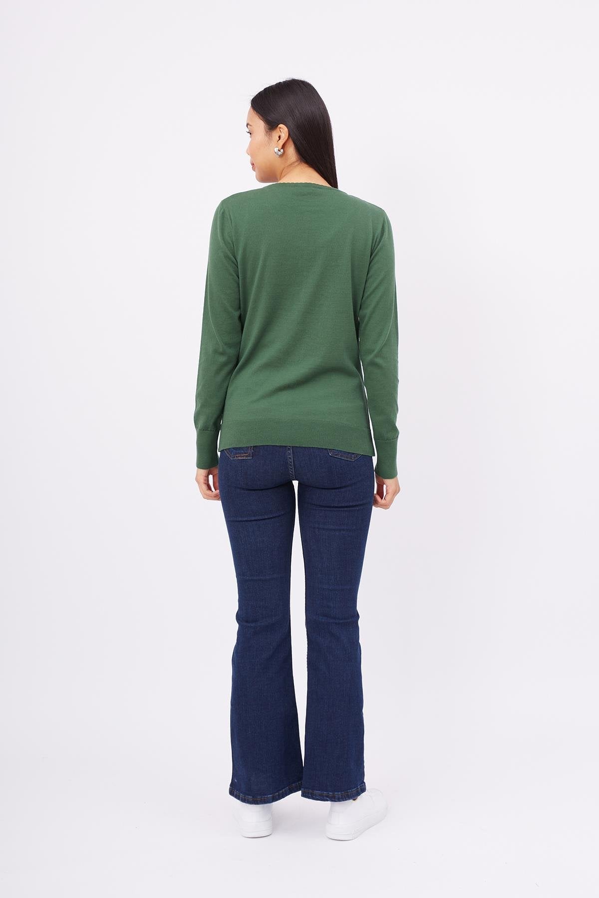 Peraluna-Mila Cardigan Bisiklet Yaka Basic Pamuklu Kadın Triko Hırka Koyu Yeşil-Kazak & Triko-8-roqelvaxirum.shop