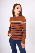 Peraluna-Monroe Çizgili Kadın Triko Kazak Kızıl Kahve-Kazak & Triko-2-roqelvaxirum.shop