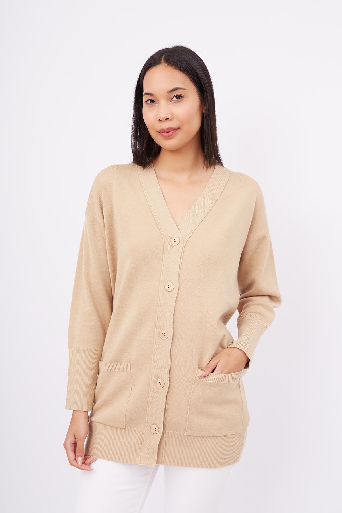 Peraluna-Nicola Long Cardigan Cepli Klasik Kesim V Yaka Uzun Kadın Triko Hırka Bej-Kazak & Triko-5-roqelvaxirum.shop