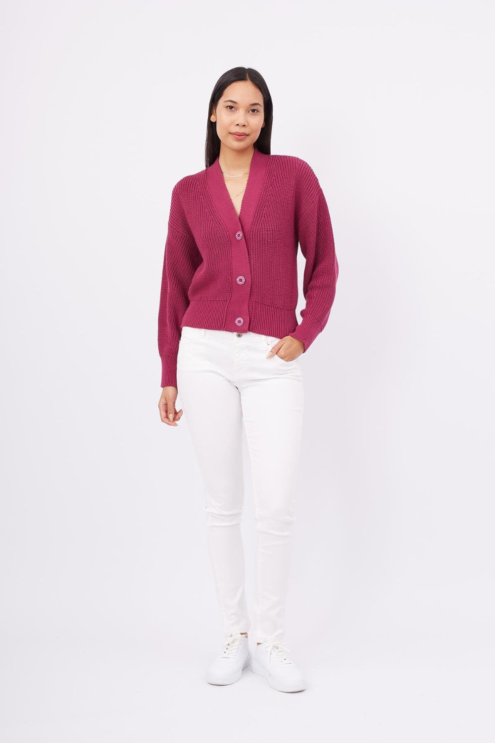 Peraluna-Olivia Cardigan Selanik Örgü %100 Pamuk V Yaka Kadın Triko Hırka Vişne-Kazak & Triko-1-roqelvaxirum.shop