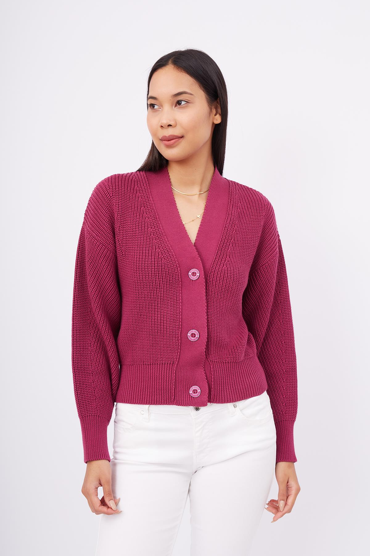 Peraluna-Olivia Cardigan Selanik Örgü %100 Pamuk V Yaka Kadın Triko Hırka Vişne-Kazak & Triko-2-roqelvaxirum.shop