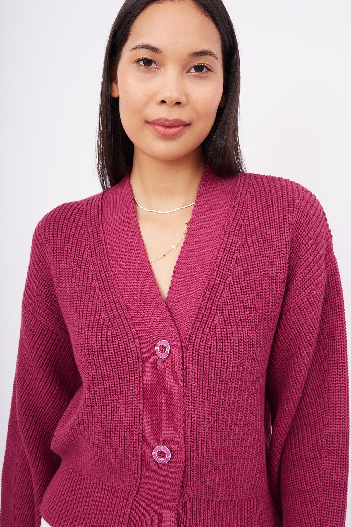 Peraluna-Olivia Cardigan Selanik Örgü %100 Pamuk V Yaka Kadın Triko Hırka Vişne-Kazak & Triko-3-roqelvaxirum.shop
