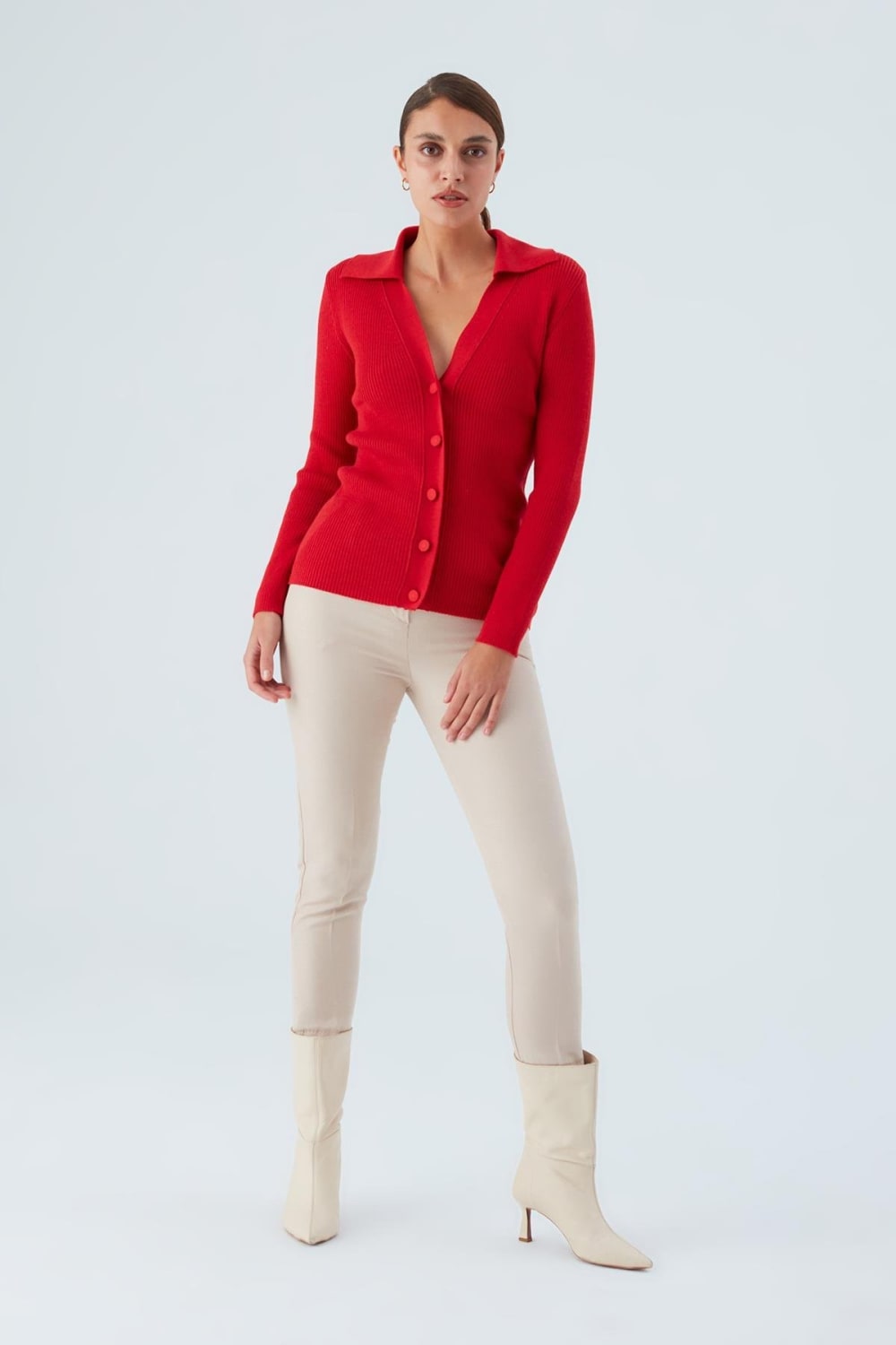 Peraluna-Polo V Yaka Ribana Örgü Fit Kesim Kadın Triko Hırka -Kazak & Triko-39-roqelvaxirum.shop