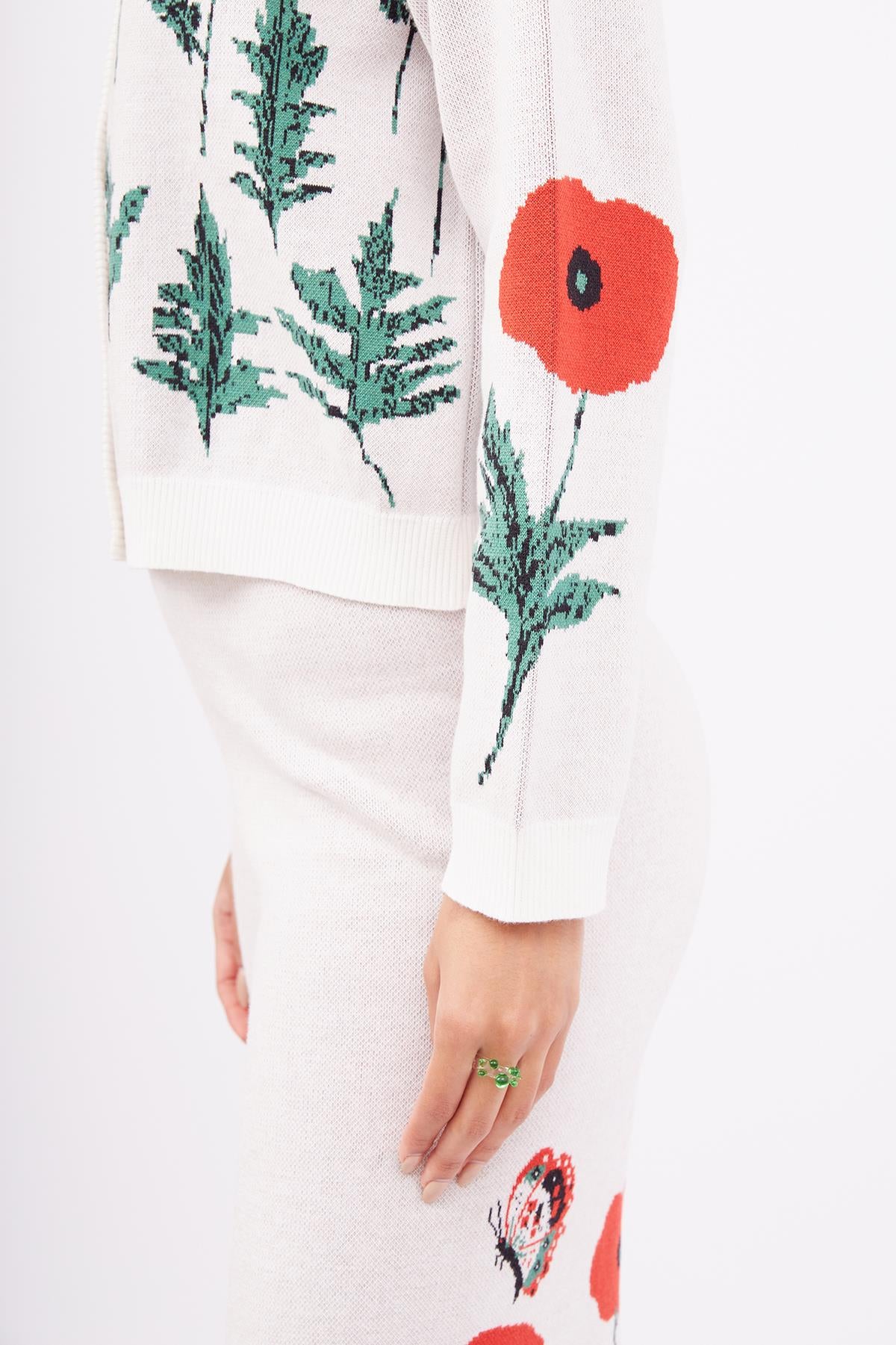 Peraluna-Poppy Cardigan Gelincik Desen Bisiklet Yaka Rahat Kesim Kadın Triko Hırka Ekru-Kazak & Triko-5-roqelvaxirum.shop