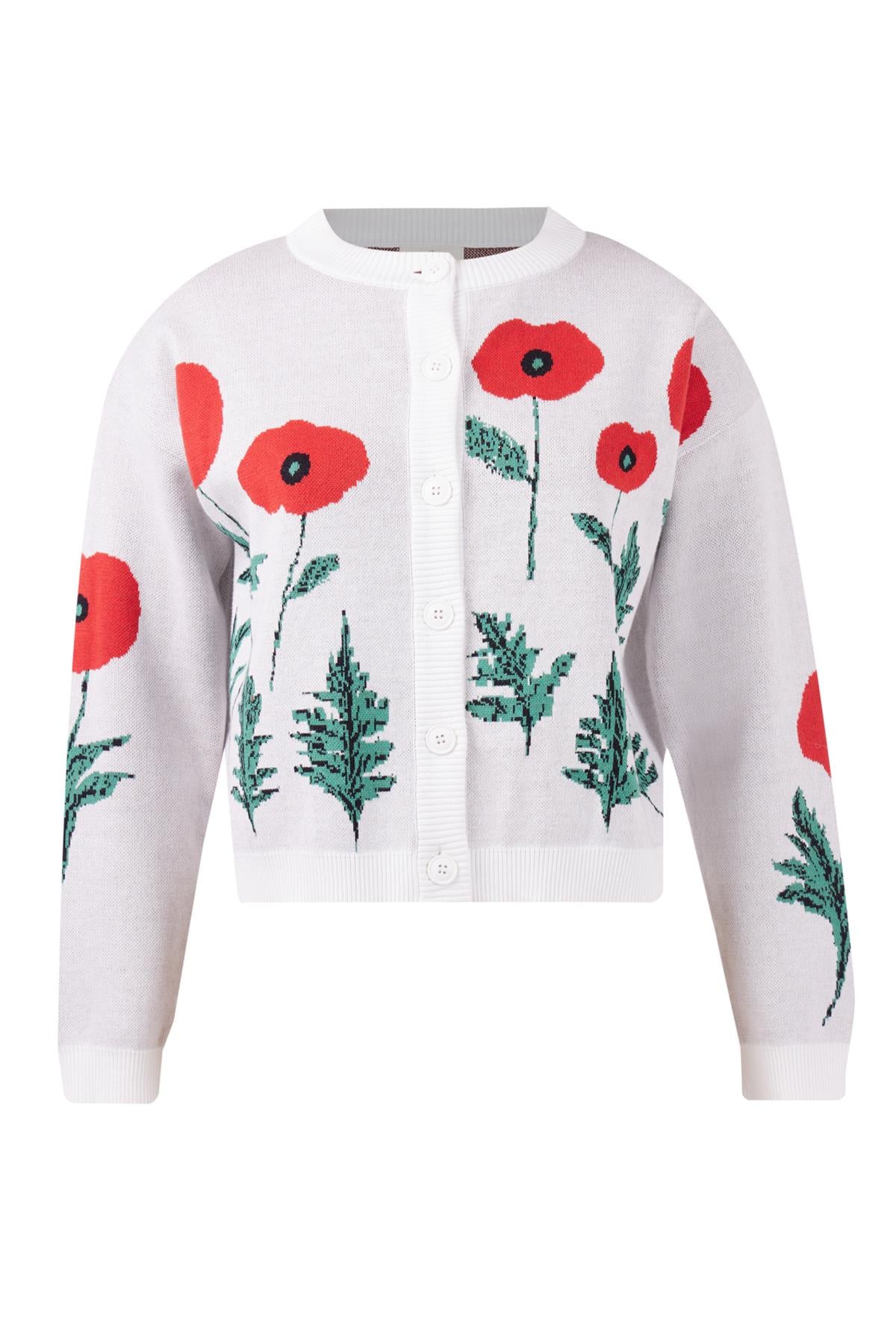 Peraluna-Poppy Cardigan Gelincik Desen Bisiklet Yaka Rahat Kesim Kadın Triko Hırka Ekru-Kazak & Triko-9-roqelvaxirum.shop